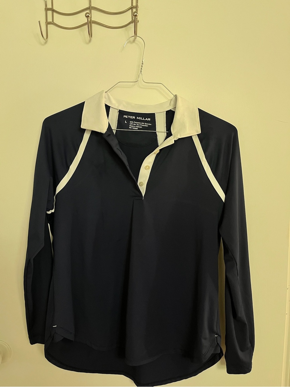 Peter Millar Navy and White Long Sleeve Polo